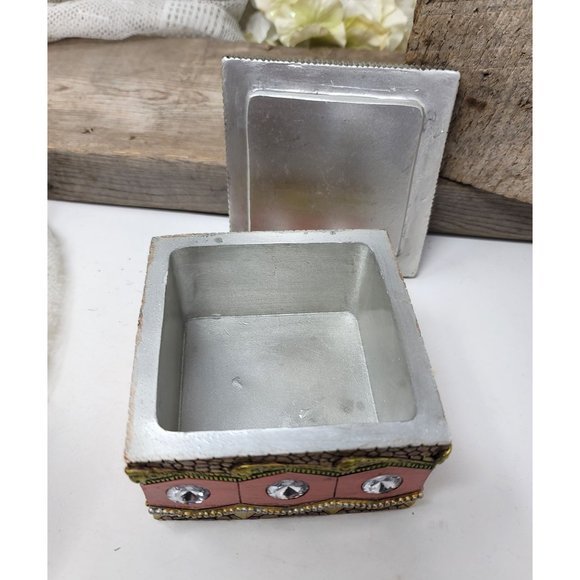 Elephant Trinket Box Raised Design Rhinestones Trunk up - Picture 3 of 8